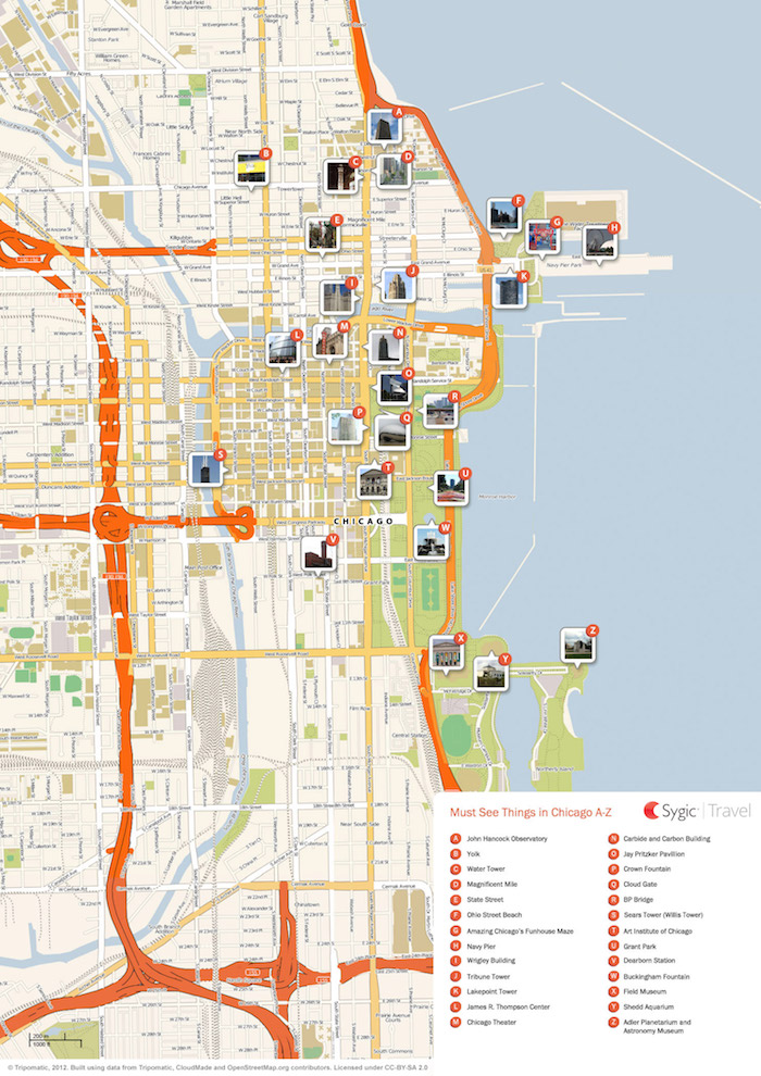 Download a printable Chicago tourist map showing top sights and attractions.