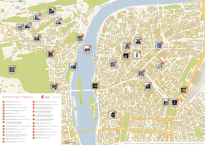 Download a printable Prague tourist map showing the best attractions.